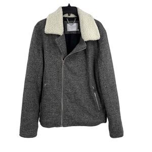 ElevenParis Grey Womens Biker Moto Jacket Shearling Collar Zip Closure Medium